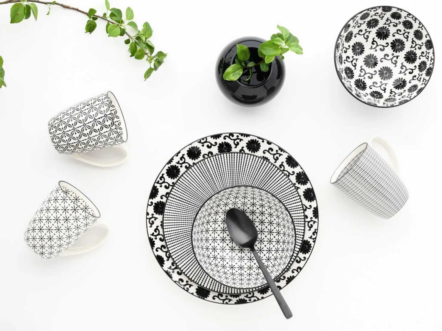 Creatable Geschirrset|New Style - Kombiservice 16-tlg - Schwarz-Weiss
